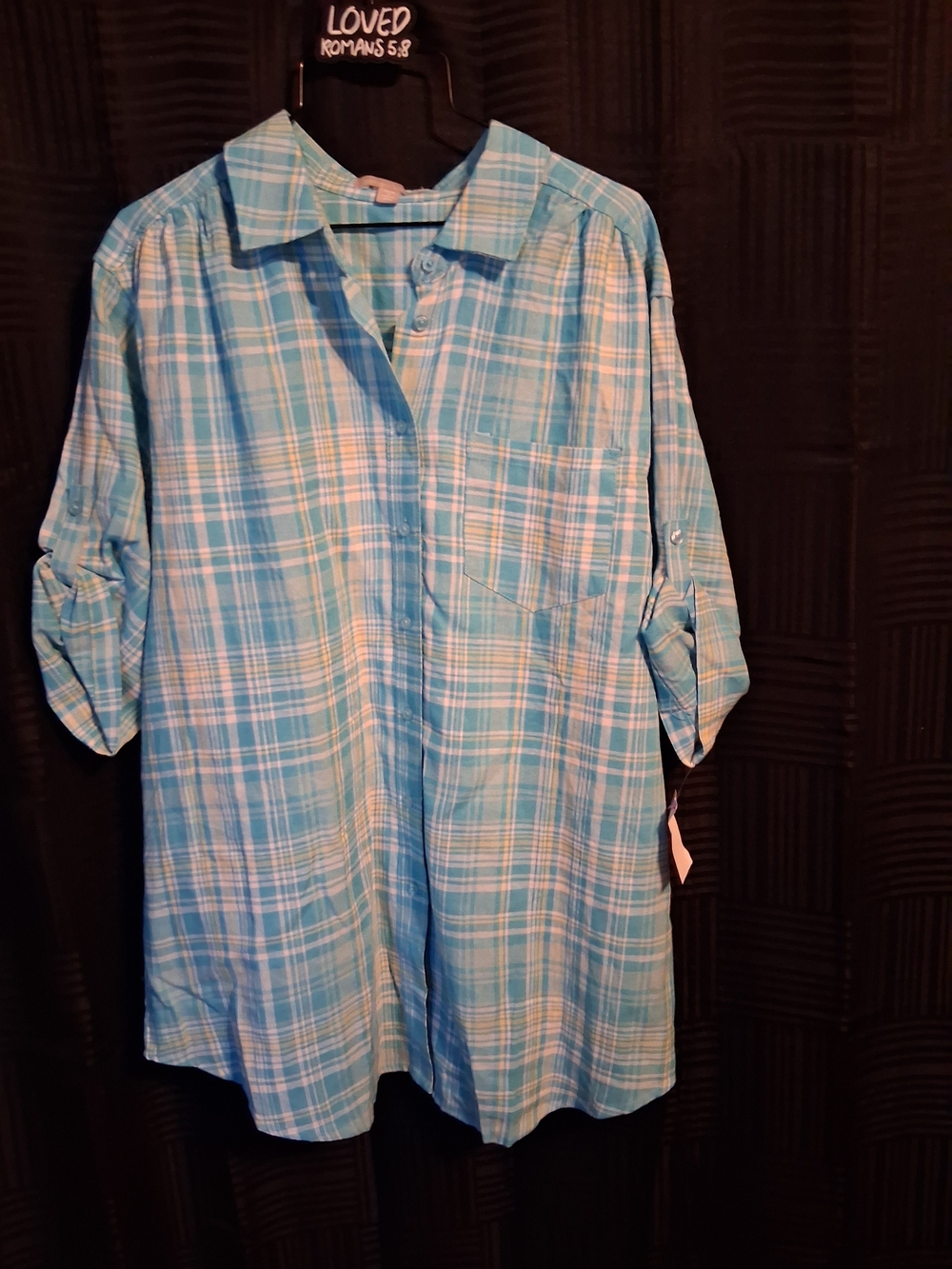 Woman Within Light Blue Plaid Button-Down Shirt